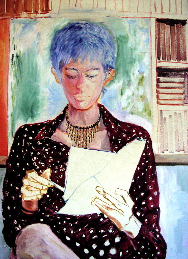 Soma reading, blue hair